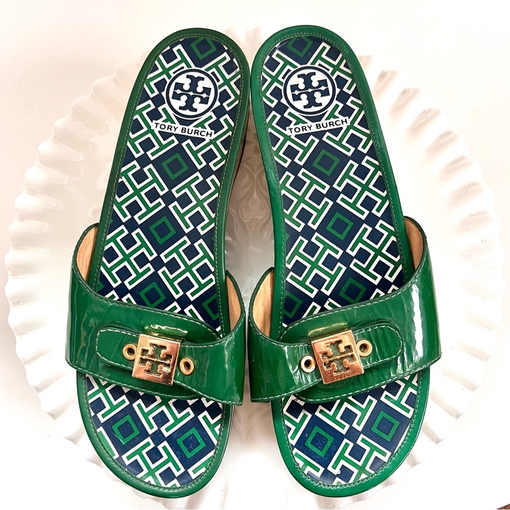 Tory Burch Dixon Slides in Green Patent Wooden Heel Sandals